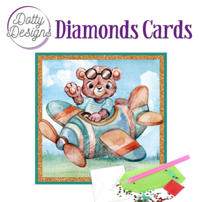 Dotty Design diamond cards teddybear in airplane vierkant